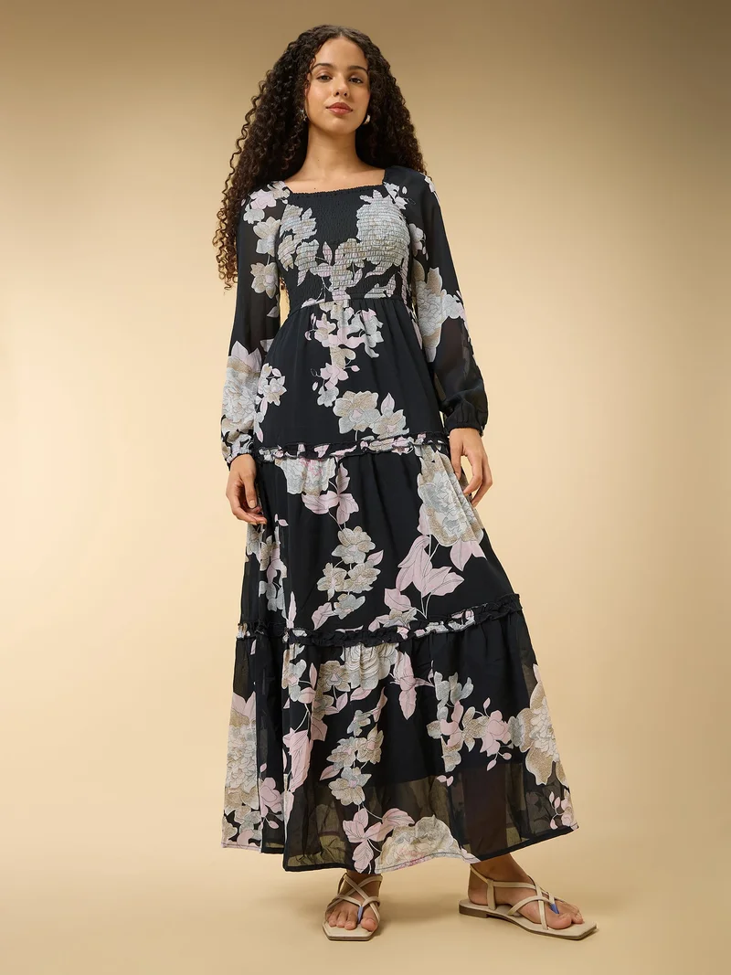 OUTZIDR Black Full Sleeve Fit & Flare Dress